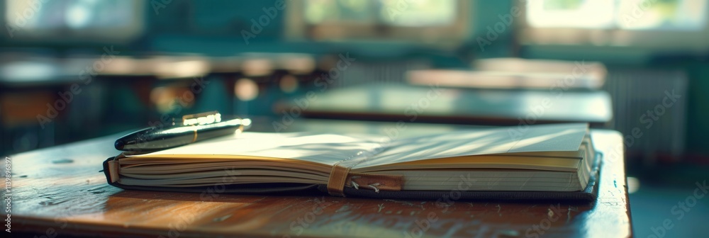 Leinwandbilder notebook and pen resting on a desk in a modern classroom filled with bright orange chairs during a s