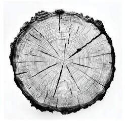 Black and white stamp of wood texture of tree rings from a slice of log. Negative image of cut tree. , isolated on white background, , copy space, copy space for text,