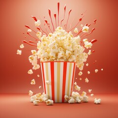 Popcorn in red and white striped cardboard bucket. Popcorn in a striped tub. Cinema style