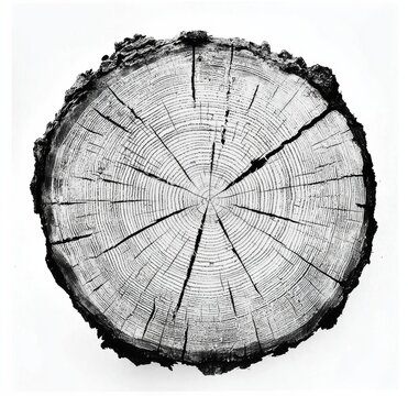 Black and white stamp of wood texture of tree rings from a slice of log. Negative image of cut tree. , isolated on white background,  , copy space, copy space for text,