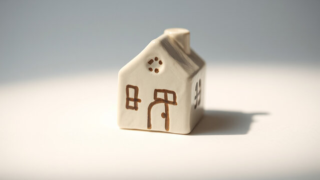 House Feve: A tiny ceramic feve shaped like a quaint, hand-painted house with simple architectural details, centered on a clean white background; the lighting brings out the soft glaze