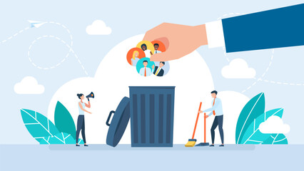 Virtual friends in the trash can. Social Media, Teamwork concept. Digital lifestyle, Loneliness, Internet solitude concepts. Digital detox concept. Refuse gadgets. Flat design. Vector illustration