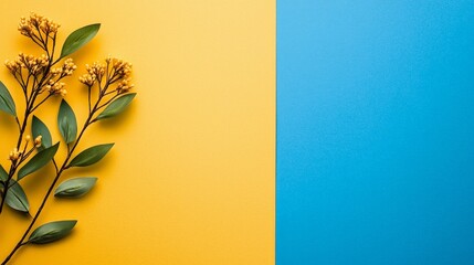 background concept. Vibrant yellow and blue background with a floral branch adding a touch of nature.