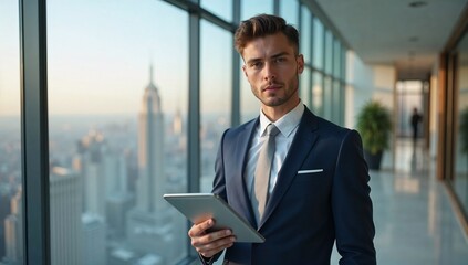 Fototapeta premium Stately and stylish high fashion photo of confident young businessman with sharp facial features, light brown eyes and strong jawline.