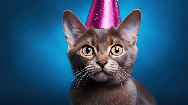 Birthday theme. Abyssinian Cat in a festive cap. Funny cat wearing a party hat and celebrates birthday. Looking straight to camera. Let's party. Happy birthday. Festive blue background