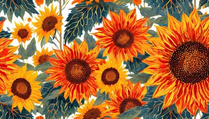 Bold orange and yellow sunflowers in an abstract pattern