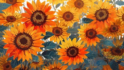 Bold orange and yellow sunflowers in an abstract pattern