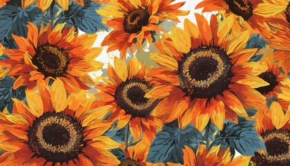 Bold orange and yellow sunflowers in an abstract pattern