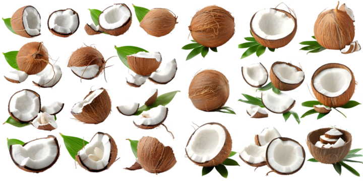 Collection of coconuts with leaves isolated on a white background. Generative AI.