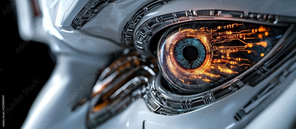 Poster close-up of ai robot eye with flowing digital data symbolizing vision technology