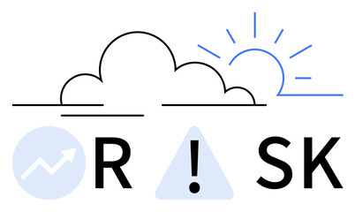 Cloud and sun over RISK text with graph arrow, exclamation mark, and triangle. Ideal for finance, business strategy, risk management, investment decisions, economic forecasts project planning. Line