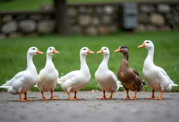 Obraz premium Five Ducks: White Geese and Brown Duck in Park 