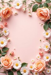 Fototapeta premium Floral Frame: Peach Roses and Daisies on Pink 