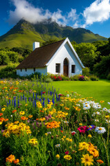 A small white house surrounded by a field of flowers