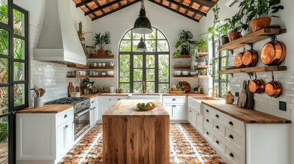 A beautifully designed kitchen featuring natural wood surfaces, plants, and copper cookware, creating a cozy atmosphere in a rustic farmhouse style.