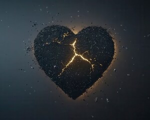 Glowing crack in a dark, broken heart shape.