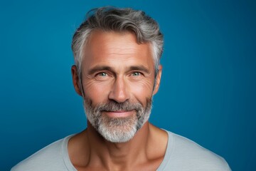 Portrait of smiling confident mature man with grey hair and beard on blue background