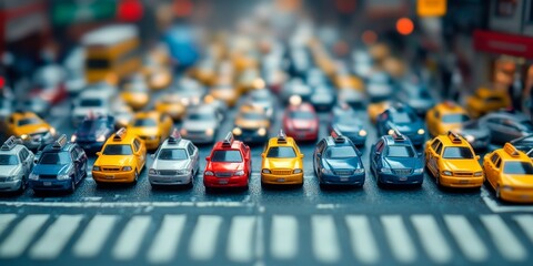 Busy Urban Traffic Scene with Colorful Taxis and Vehicles