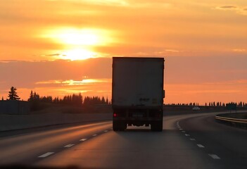 A truck traveling down a roadway in Edmonton, Alberta, at dusk