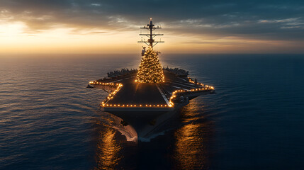 A U.S. Navy aircraft carrier at sea adorned with Christmas lights, creating a festive and patriotic atmosphere, symbolizing the holiday spirit and the dedication of the Navy personnel during the holid