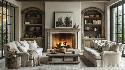 A cozy rustic living room featuring soft pastel colors, vintage decor, and natural materials. The warm fireplace adds to the inviting ambiance.