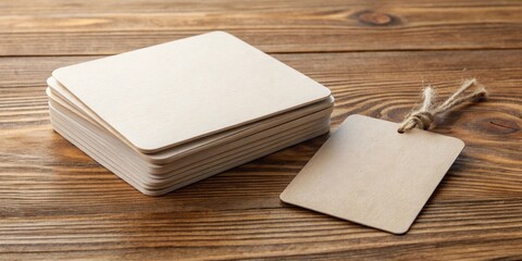 Fototapeta premium Stack of blank square coasters with folded paper tag, coasters, blank, square, stack, paper tag, white, tabletop, template
