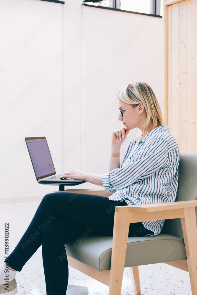 Poster caucasian woman using laptop for web messaging with blog followers connecting to 4g wireless interne