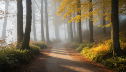 Obraz premium Misty Autumn Forest Path in the Morning