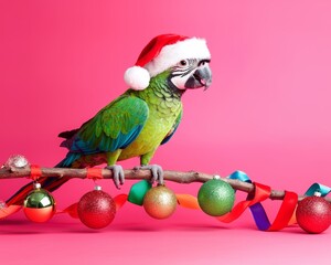 Fototapeta premium A colorful parrot wearing a Santa hat sits on a branch adorned with festive ornaments against a vibrant pink background.