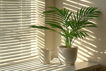 Fototapeta premium Serene morning sunlight streams through blinds, illuminating a potted palm plant and a white mug on a windowsill, creating a peaceful and minimalist home scene.