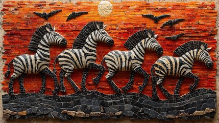 Artistic Mosaic of Four Zebras against a Vibrant Sunset Background