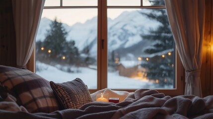 cozy room with fireplace in country house, winter landscape outside the window