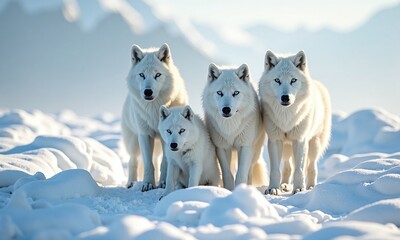 Naklejka premium Arctic wolves snow covered landscape piercing blue eyes