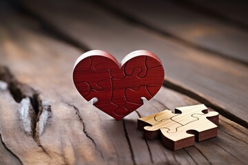 Red heart shaped puzzle and puzzle piece symbolizing love, connection, and relationships, placed on rustic wooden background