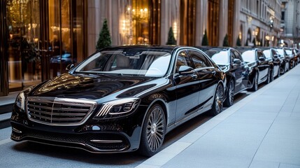 Black luxury cars lined up on city street, showcasing premium transportation, car rental, and business class shuttle services concepts.