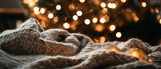 Close-up of grey knitted sweater, yarn, warm garlands, christmas balls, lights, bokeh. Cozy winter vibes. Festive mockup for lifestyle, hygge-inspired designs. Generative ai