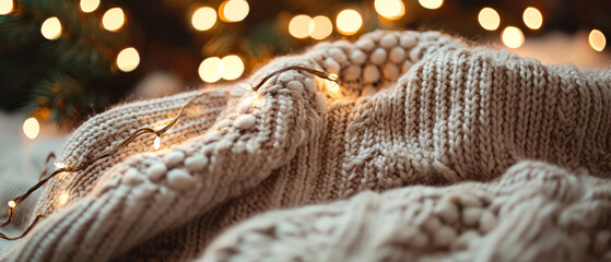 Fototapeta premium Close-up of a beige knitted sweater texture with glowing garland,cones,fir branches. Warm, cozy winter background with soft pastel tones, perfect for relaxation, holiday, and hygge.Generative ai