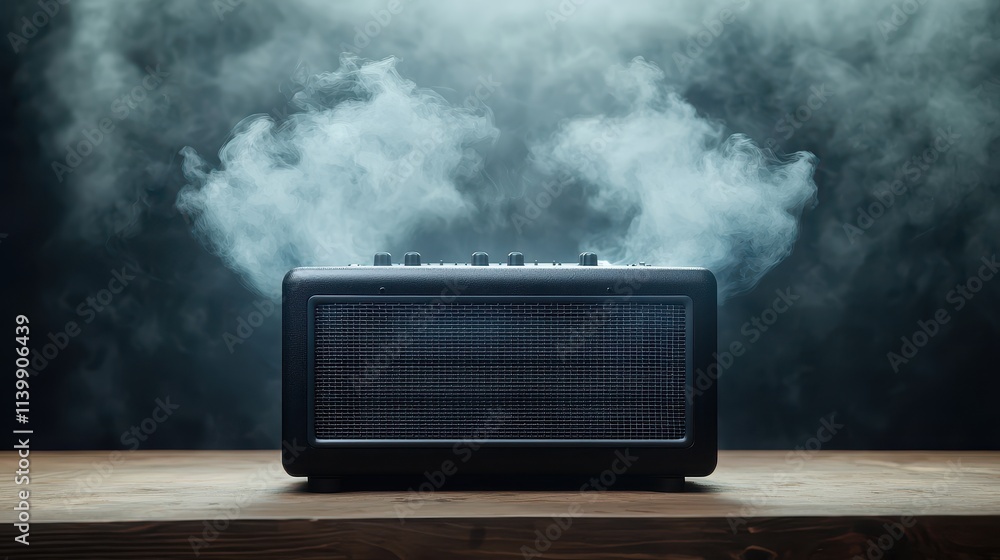 Poster sound loud 3d rendering concept, hyper-realistic rendering of a concert amplifier emitting smoke in 