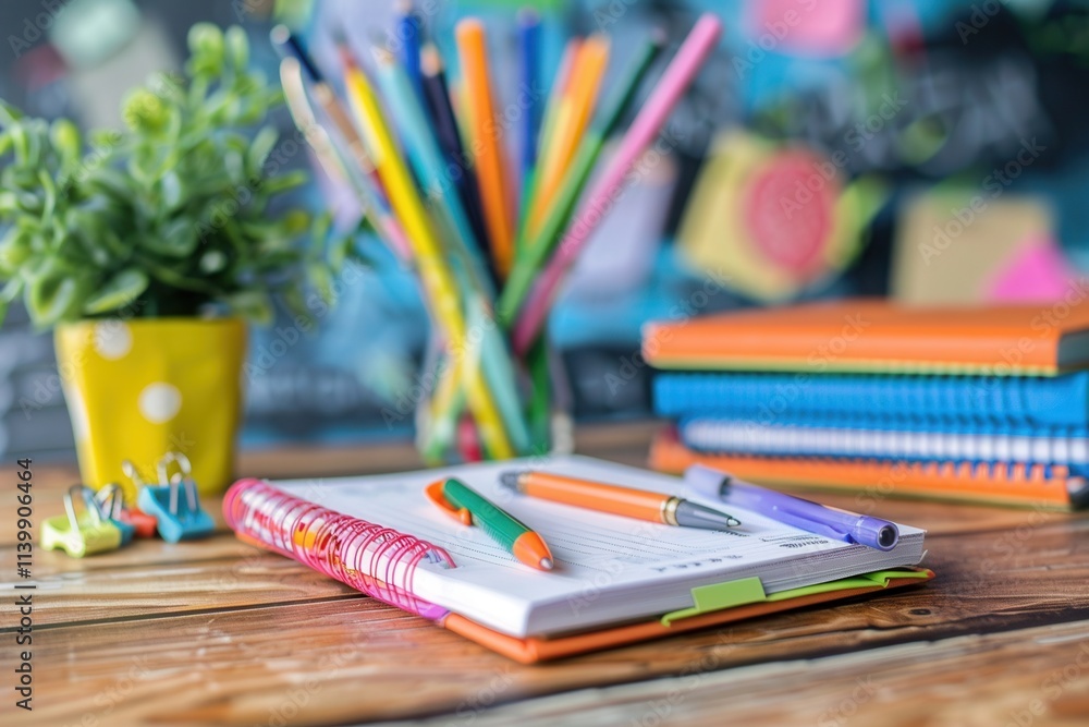 Leinwandbilder notebook and pen resting on a desk in a modern classroom filled with bright orange chairs during a s