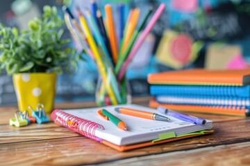 Obraz premium Notebook and pen resting on a desk in a modern classroom filled with bright orange chairs during a sunny day. Generative AI