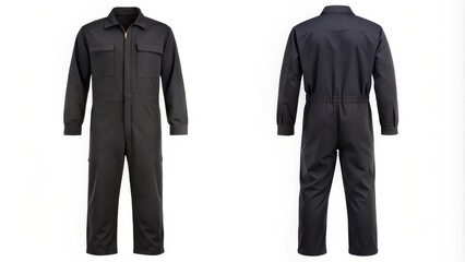Black coverall with front and back view, black, coverall, jumpsuit, workwear, uniform, overall, mechanic, construction