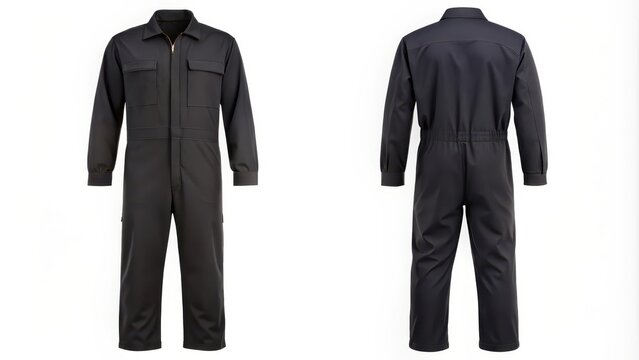 Black coverall with front and back view, black, coverall, jumpsuit, workwear, uniform, overall, mechanic, construction