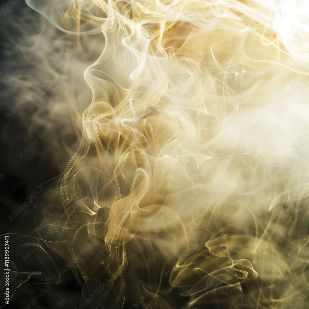 Poster ethereal wisps of smoke swirl and blend creating a soft dreamlike atmosphere with hints of gold and 