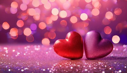 Fototapeta premium Two red hearts on a glittery surface with a pink and purple bokeh background filled with heart shapes