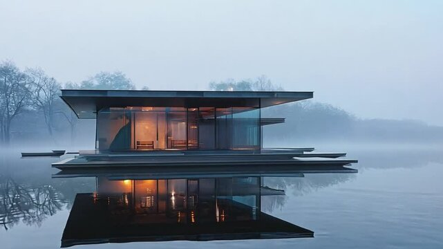 Modern Minimalist Floating Home on a Misty Lake. A serene and minimalist floating home, nestled on a tranquil lake enveloped in a soft, ethereal mist.