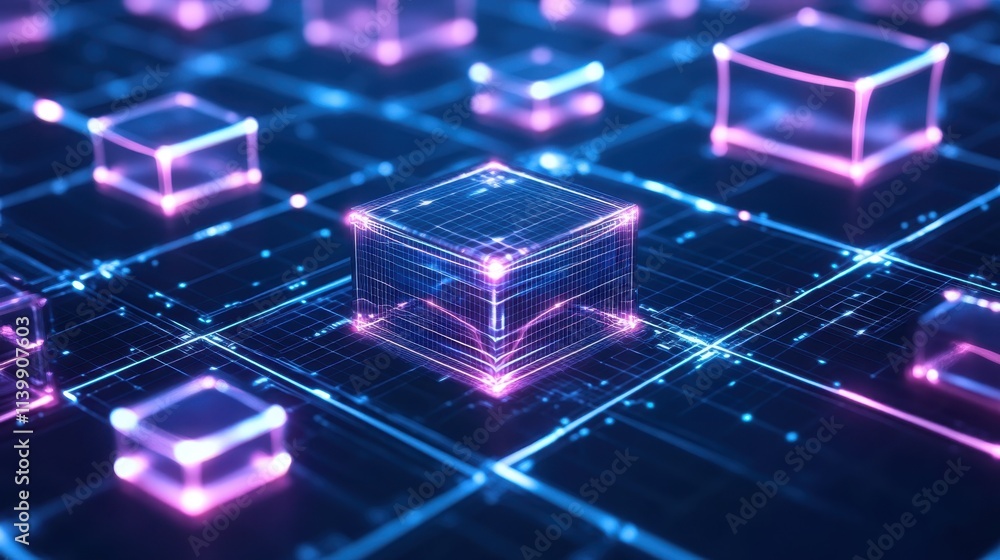 Poster abstract futuristic digital rendering depicting a glowing neon cube surrounded by a grid of intercon