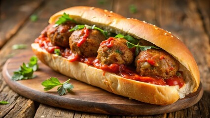 Close-up of a juicy and delicious meatball sub sandwich, meatball, sub, sandwich, meatballs, cheese, marinara, bread, delicious