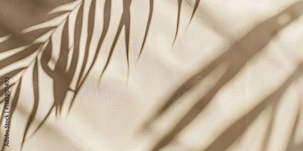 Poster muted background features delicate palm leaf shadows casting elegant patterns, creating a serene and