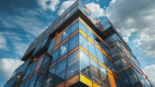 Modern Architecture Reaching for the Sky. A captivating low-angle shot of a sleek, modern office building with a glass facade reflecting the vibrant blue sky and fluffy clouds.