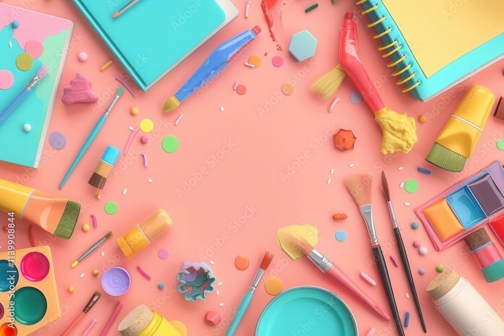 Poster Crafting creativity with educational materials brushes paints and sketchbooks on a vibrant surface. Generative AI